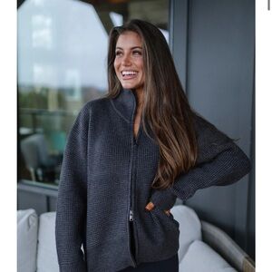 Charcoal Zip-Front Waffle Knit Cardigan Sweater